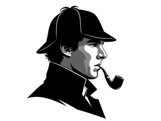 Silhouette of Classic Detective in Deerstalker Hat and Pipe
