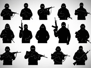 Hooded Armed Silhouettes with Firearms in Tactical Grid