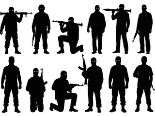 Armed Silhouettes with Glowing Eyes in Combat Stance