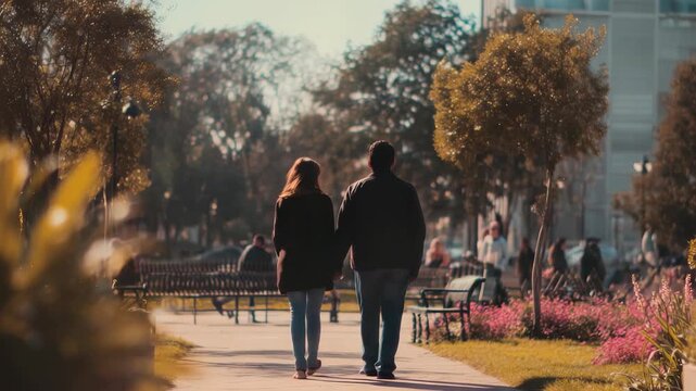 Two people stroll together along a scenic park pathway, basking in the warm sunlight and tranquil atmosphere. The vibrant greenery and cityscape create a harmonious urban retreat