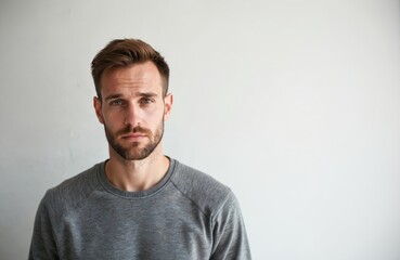 Fototapeta premium Young man with beard and blue eyes looks directly at camera, wearing grey sweatshirt against white background. Studio portrait conveys confidence and casual style.