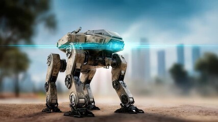 Futuristic four legged military robot stands alert on an open field, with a blurred city skyline in the background. Advanced robotics and AI technology meet urban defense innovation - Powered by Adobe