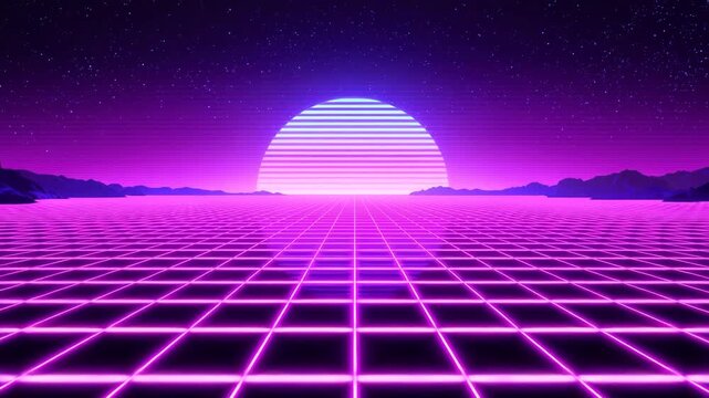 Neon Horizon: A stunning neon landscape is stretching toward the sky, where the purple and pink gradient sky meets a grid-lined ground and half-circle sun, creates a surreal and captivating scene.