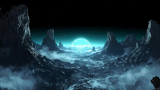Mystical Sky Over Barren Terrain: A celestial orb ascends majestically, casting an ethereal glow over a jagged, barren landscape shrouded in mist, embodying a serene and mysterious ambiance.