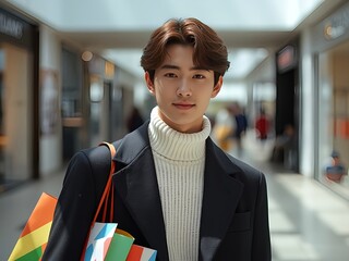 ショッピングバッグを持つアジア人男性。ショッピングモールでの買い物シーンを表現したスタイリッシュで広告向けのイラスト