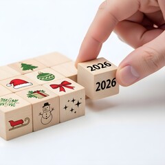 Anticipating the festive season and a fresh start, a hand carefully positions the '2026' block among cheerful Christmas icons, symbolizing new beginnings and future planning
