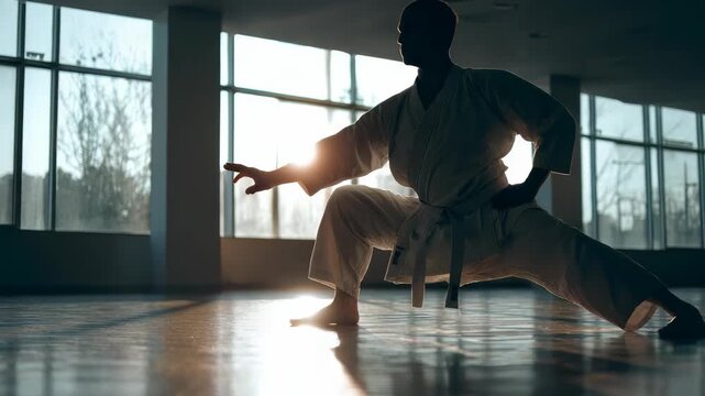 Martial artist practicing a powerful kata in a sunlit dojo, demonstrating focus and discipline. The silhouette highlights traditional karate attire and strong posture