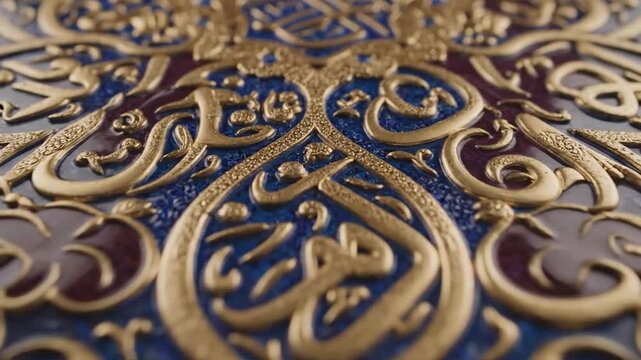 Ornate gold calligraphy and patterns on a rich blue and burgundy background