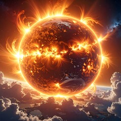 Fototapeta premium A celestial body engulfed in intense flames, radiating energy within a cosmic expanse above a planetary surface. The scene is a fiery inferno