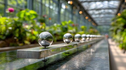 Naklejka premium Silver spheres aligned on a metal beam in a botanical garden, reflecting nature