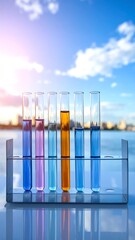 Colorful laboratory test tubes with vibrant liquids against a sky background