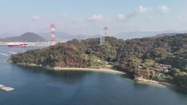 Kanawa Island, Minami Ward, Hiroshima Bay, Japan Coastline: 4K Aerial Drone Footage of Forest Mountains, Rural Island, Autumn Colours, Beaches, Clear Ocean Water, Fish Cage