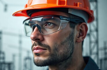 Man wears orange safety helmet and goggles. He looks left with serious expression. Blurred construction site grid pattern in background. Focused pro worker.