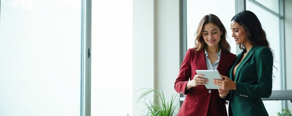 Two smiling women in business suits look at tablet. Discuss work data on digital device. One wears red blazer, green one. Stand indoors near window, appearing pro. Plant visible.