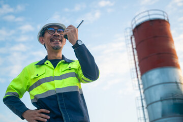 A cheerful site manager coordinating daily operations via two way radio with the industrial plant silo towering in the background