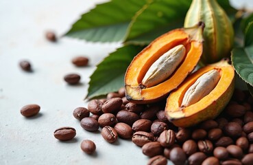 Ripe cacao pods split open showing white beans inside surrounded by dark cocoa seeds. Fresh cocoa fruit with leaves, healthy organic ingredient for chocolate.