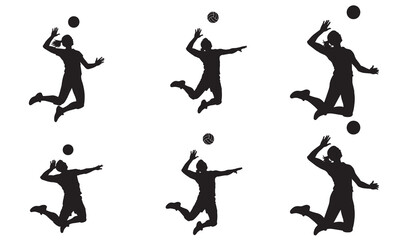 Set of six silhouettes depicting male athletes performing volleyball spikes and jumps in dynamic poses