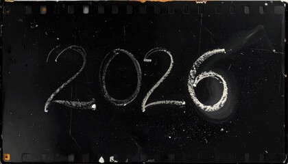 2026 Written on Vintage Film Strip, Grunge Aesthetic, Retro Concept.