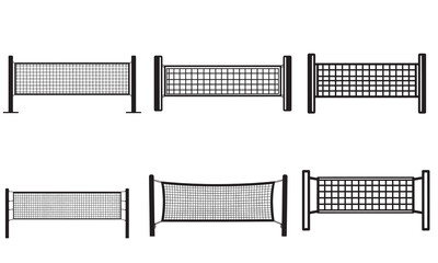 Set of six different styles of sports nets including volleyball and tennis net designs in black outline format