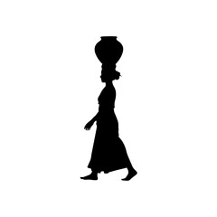 A black silhouette of a woman walking and carrying a large pot balanced on her head isolated on transparent background
