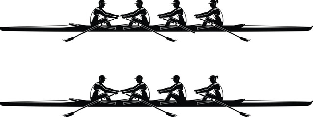 Team rowing sport silhouette, teamwork and coordination in rowing boats, athletes training together on water, competition and unity vector illustration design © Aklima