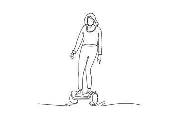 Continuous one line drawing woman standing on hands-free self-balancing hoverboard. Effortless, futuristic, eco-friendly micro-mobility for travel. Single line draw design vector graphic illustration