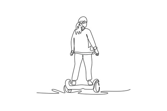 Single continuous line drawing woman viewed from behind, standing on two-wheeled self-balancing hoverboard. Eco-friendly micro-mobility urban travel. One line draw graphic design vector illustration