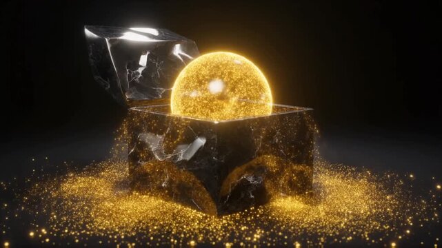 Mysterious rough obsidian cube box opening dramatically on a black surface, revealing an emitting golden sphere and exploding glitter dust in cinematic CGI rendering.
