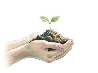 Watercolor Hands Holding Seedling Symbolizing Growth and Sustainability