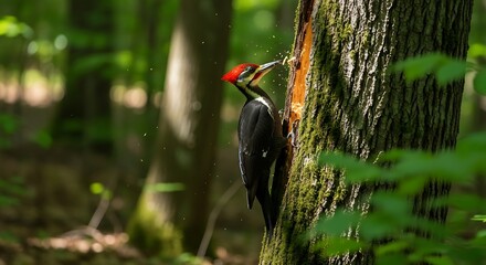 A vibrant bird with a striking red crest pecks at a tree trunk, surrounded by a lush green forest with soft light