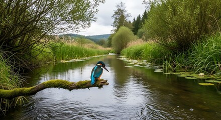 A vibrant bird with blue plumage and orange breast perches on a moss-covered branch over a tranquil stream