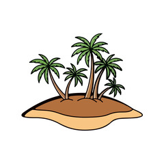 Obraz premium Isolated cartoon desert island with multiple green palm trees growing on a brown piece of land isolated on transparent background