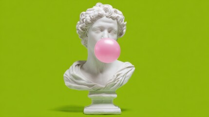 A white marble bust of a classical figure is featured, blowing a large pink bubble gum bubble. The striking green background enhances the contrast and modern twist on tradition.