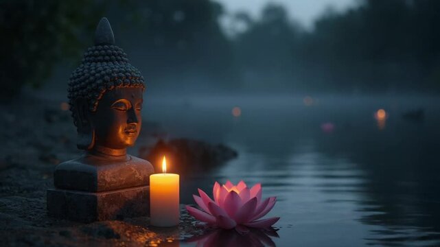Buddha Statue and Lotus Candle Ceremony on Vesak Buddha Day
