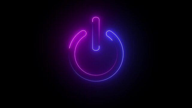 Neon glowing power button icon animated. Power button animated on a black background. turn on off switch press close stop start button animated sign symbol on the black background animation 4k video