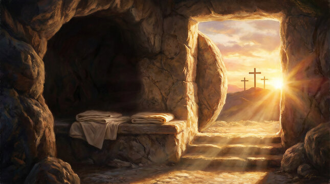 Empty Tomb of Jesus with Folded Cloths and Three Crosses at Sunrise Illustration