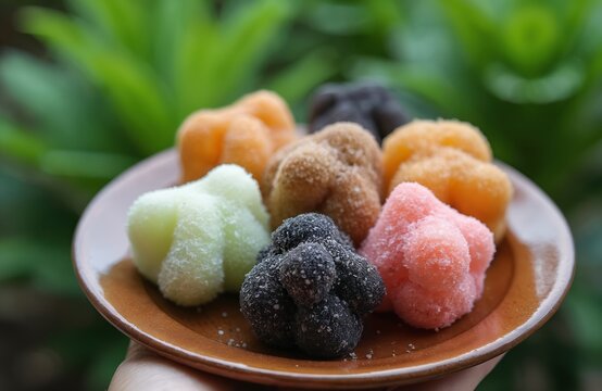 Colorful traditional Indonesian sweets sengkulun and cenil are piled on a plate. These sticky rice cakes coated in sugar and coconut flakes offer a delightful taste. They are popular snacks.