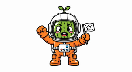 Obraz premium Cute Cartoon Character of an Astronaut Plant Celebrating with a Flag in a Space Suit