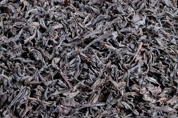 Tea leaves described, Dark strands hint malty aroma, Velvety black tea suggests robust flavor profile, Morning ritual with warm amber hue from brewed black tea leaves