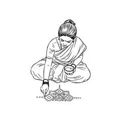 A beautiful woman creating a traditional rangoli design on the floor during a festival celebration isolated on transparent background
