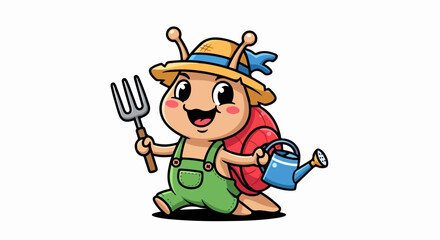 Fototapeta premium Cute Cartoon Snail Character in Green Overalls Holding a Fork and Watering Can in Garden