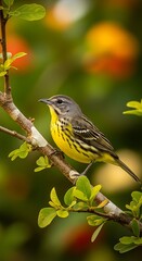 Obraz premium A vibrant bird with striking yellow and gray plumage perches on a branch with lush green leaves, framed by a soft, colorful bokeh