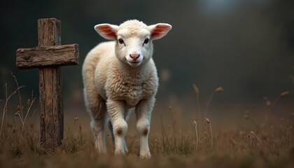 A young lamb stands near a rustic wooden cross in a field of dry grass. The scene evokes themes of faith, innocence, and spiritual guidance in nature. Gentle lighting creates a serene atmosphere.
