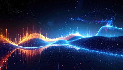 Abstract Data Visualization with Glowing Lines and Grid.