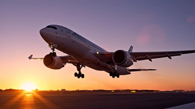 Jet aircraft taking off during a vibrant sunset