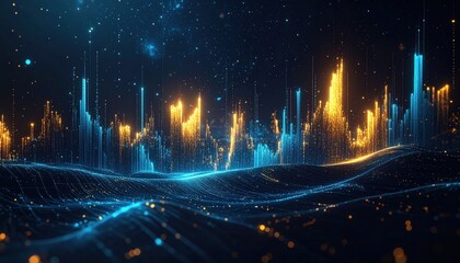 Abstract Digital Cityscape: Glowing Data Visualization in Cosmic Space