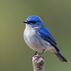 A vibrant blue and white songbird perches on a small branch, showcasing intricate feather detail. It has a tiny beak and is set against a soft, green background