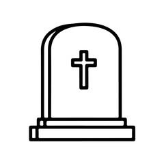 Fototapeta premium A black and white line art icon depicting a gravestone with a prominent cross symbol isolated on transparent background