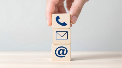 Hand holding blocks with communication symbols