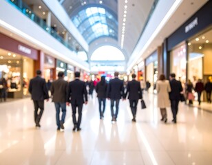 Interior view of busy shopping mall, with people walking in the hallway